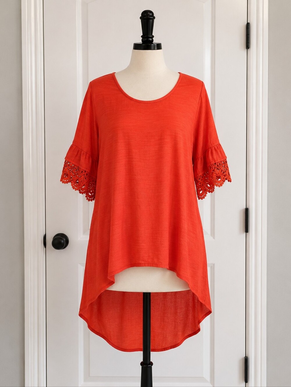 Est. 1946 Women's Crochet Sleeve Round-Neck Top in Bright Red